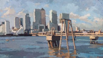 Canary Wharf from Delta wharf, Greenwich. 2009.